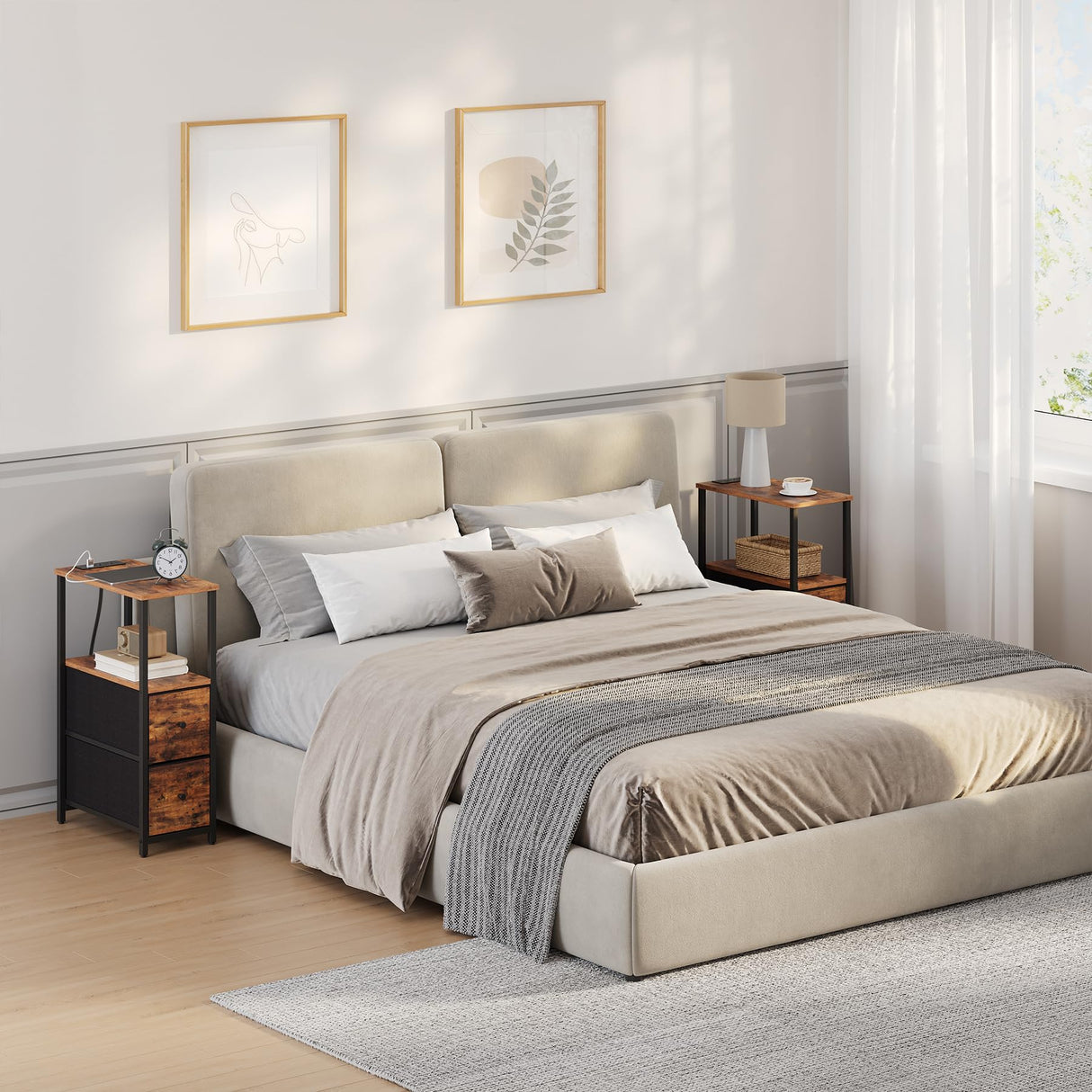 TUTOTAK Small Narrow End Table with Charging Station, Set of 2, Side Table with Outlets, Nightstand with 2 Cloth Drawers, Couch Table, for Living Room, Bedroom, Bedside, Brown TB01BB055 TUTOTAK