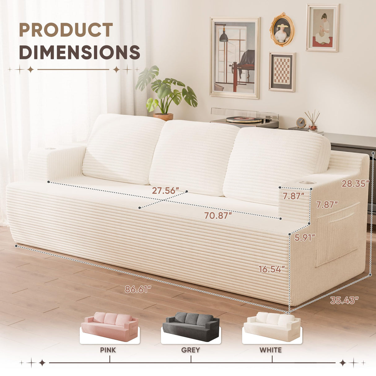 Homall 87” Boneless Sofa Couch with 2 Pillows Extra Deep Seats, Corduroy Fabric 3 Seater with Cup Holder & Storage Pocket Upholstered Floor Easy Installation (White, 3 Seater) Homall
