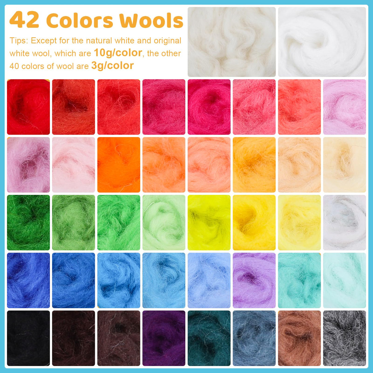 JNENERY Needle Felting Kit, 42 Colors Wool Roving Starter Kit, Needle Felting Starter Kits, Needle Felting Wool with Felt Tools, Instructions, Green Storage Bag for Felted Animal JNENERY