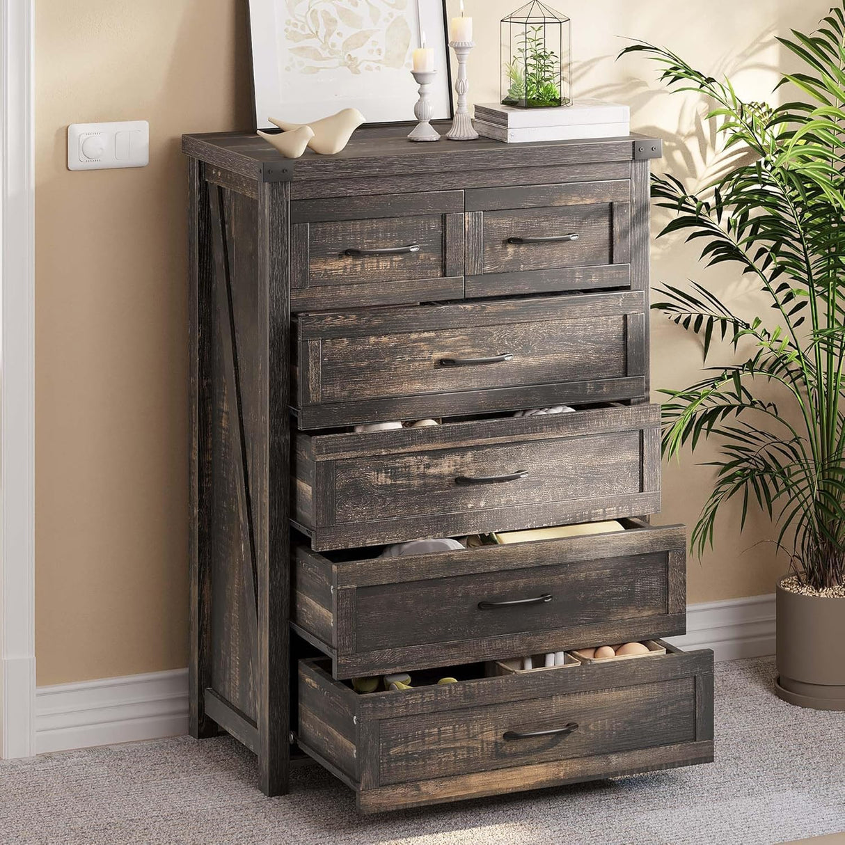 YITAHOME 6 Drawer Dressers, Wood Dressers Chests of Drawers, Modern Dresser with Open Shelf Storage for Room, Entryway, Hallway, Dark Rustic Oak YITAHOME