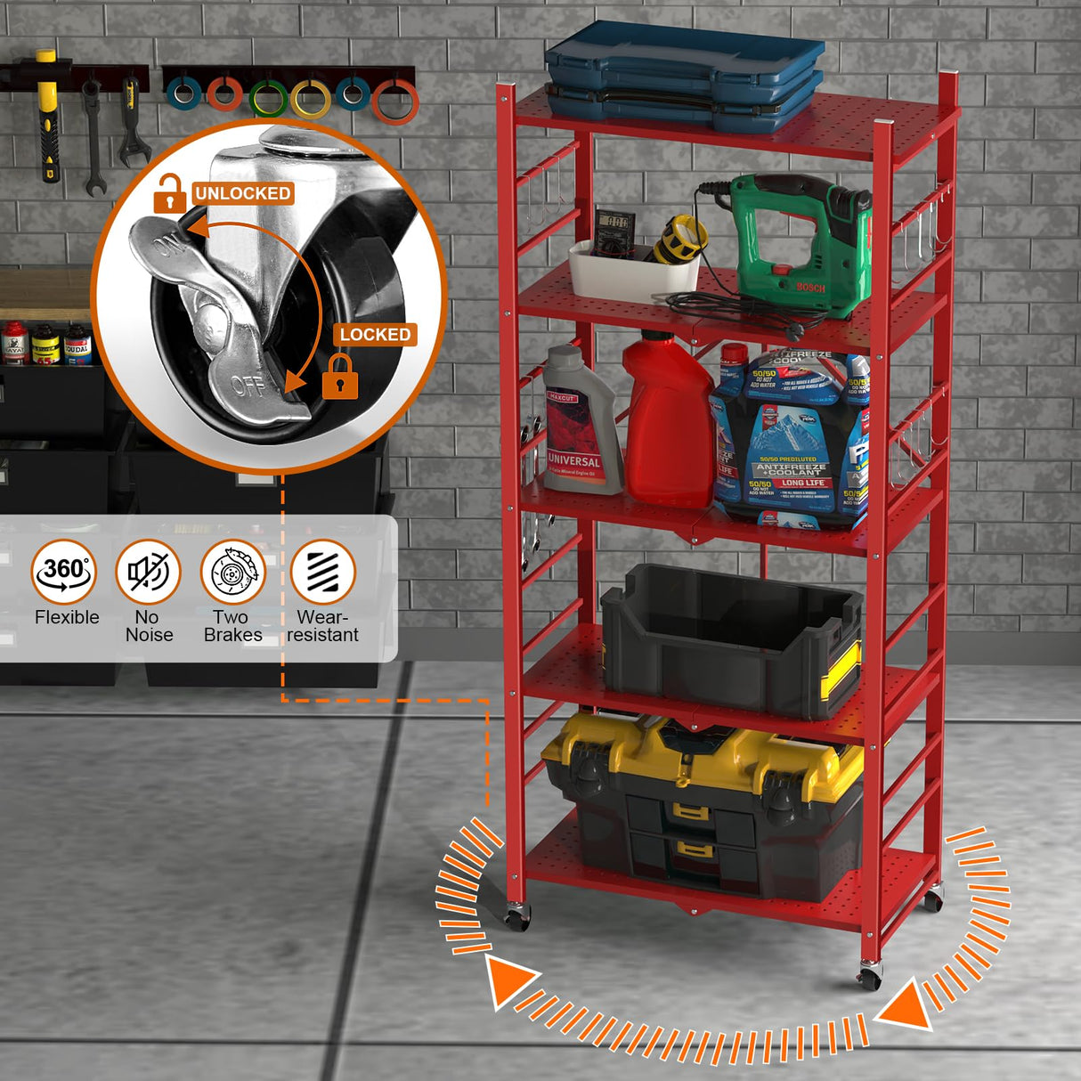 Storage Shelves with 20 Hooks, 5-Tier Foldable Shelves for Storage, Folding Utility Shelf Unit Pantry Shelves with Wheels, Metal Shelving Unit Rack for Kitchen Garage Home Office Room - No Assembly Himix