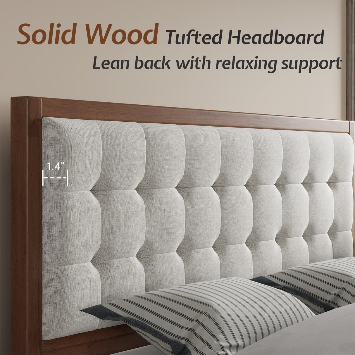 Jocisland Wood King Size Bed Frame,Tall Upholstered Tufted Headboard, Solid Wood Platform, No Box Spring Needed, Walnut Jocisland