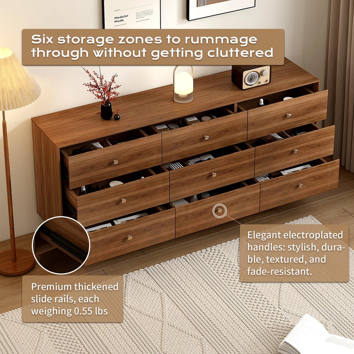 Messenya Mid Century Modern 9-Drawer Dresser, 63 Inch Wide Solid Wood Frame Chest, Walnut Finish, Beveled Design, Heavy-Duty Drawer Glides, Storage Cabinet for Bedroom, Living Room, TV Stand Messenya