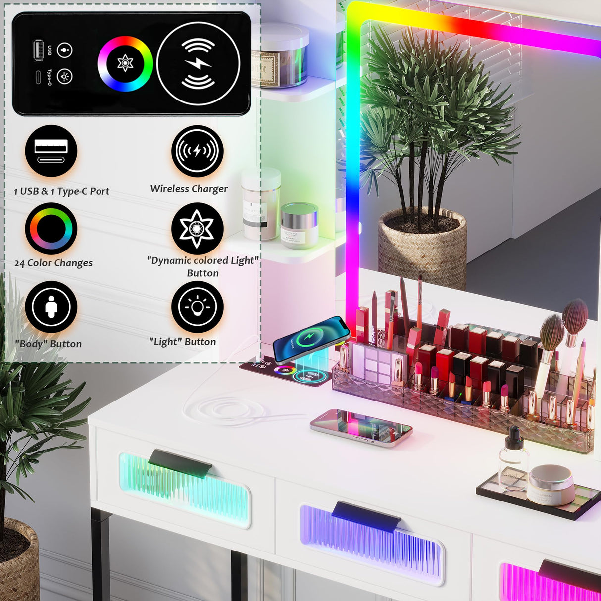HNEBC RGB Vanity Desk with Mirror and Lights, LED Vanity Makeup Desk with USB/Wireless Charger Station, Vanities Dressing Table Sets with 6 Drawers/Cabins/Stool/Shelves for Bedroom&Cloakroom(White) HNEBC