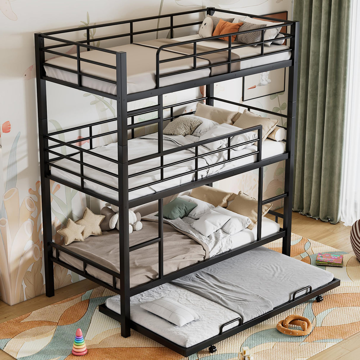 Metal Triple Bunk Bed Twin Over Twin Over Twin, 3 Bunk Bed with Trundle Bed Twin, Kids Bunk Bed with 2 Ladders and Guardrails, Twin Size Triple Bunk Beds for Kids(Black Twin) Bellemave