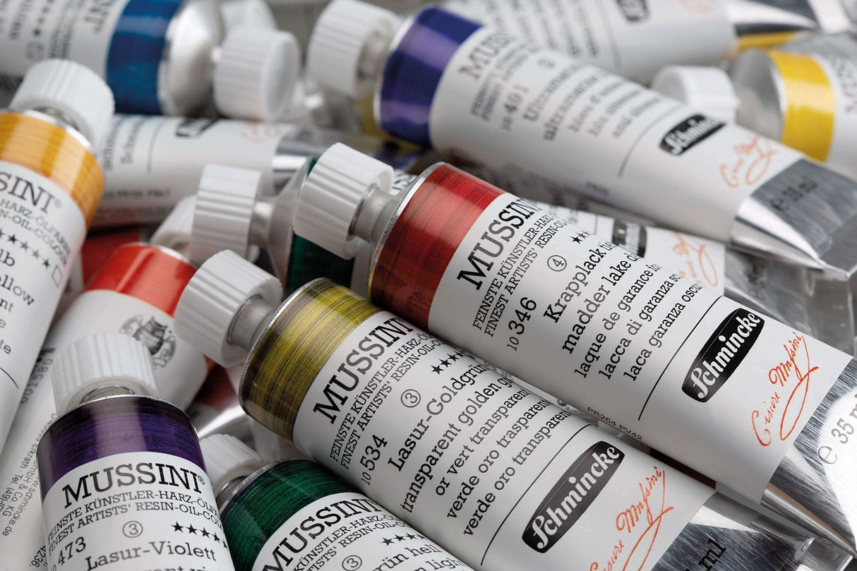 Schmincke - MUSSINI® Finest Resin Oil Colors Premium Wooden Box Oil Painting, 10 x 35 ml Set, 70 213 097, Walnut Tinted, White 150 ml Schmincke