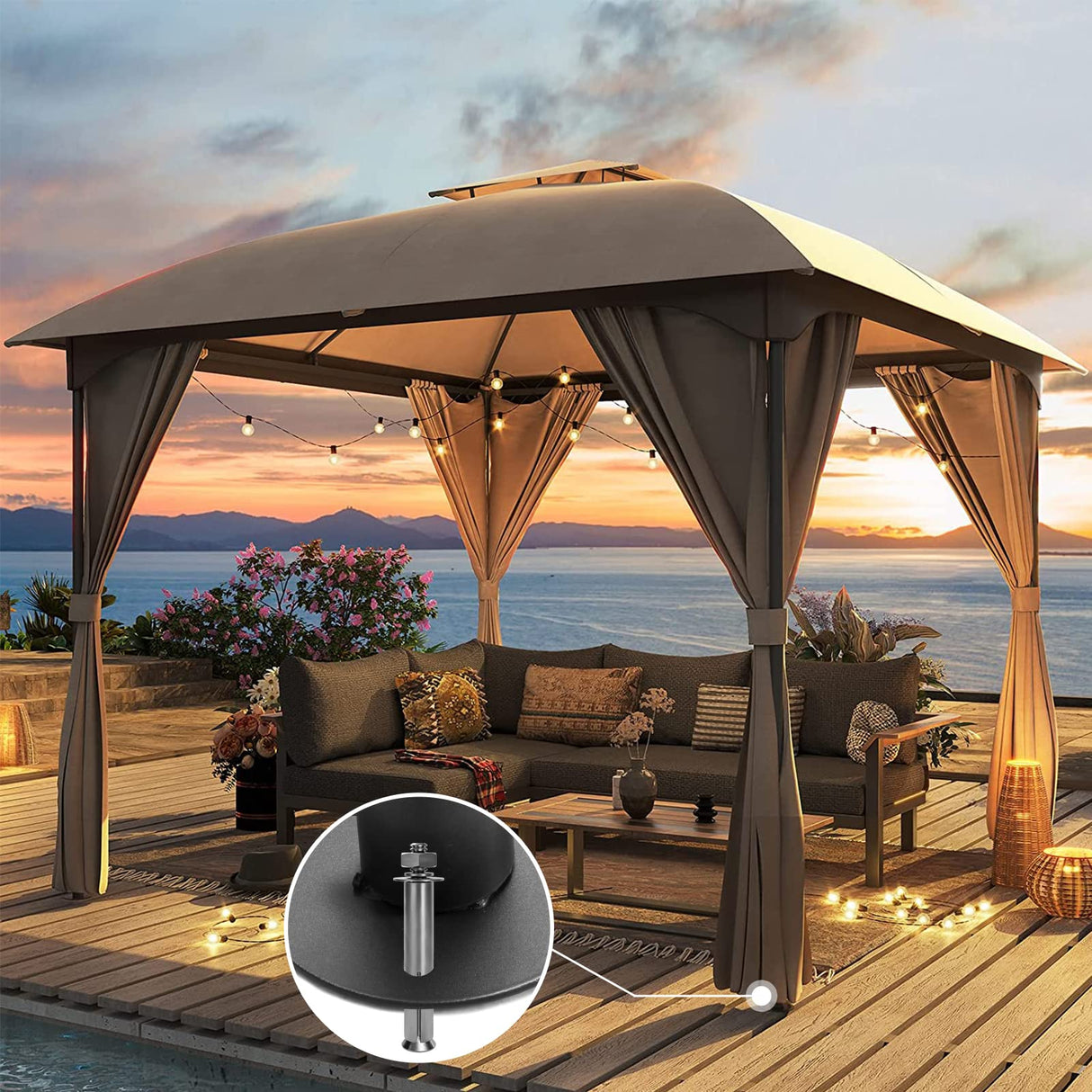 LAUSAINT HOME Patio Arc Gazebo Outdoor Canopy Tent 10'x10', Party Tent Shelter with Curtains & Expansion Bolts and Wind-Resistant Ropes for Patios, Garden, Backyard and Lawn, Khaki LAUSAINT HOME