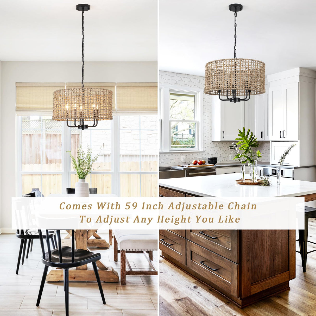 Rattan Chandelier Farmhouse 5 Lights Hand Woven Large Boho Chandeliers for Dining Room Light Fixture Hanging 19" Wicker Pendant Lighting Drum Chandeliers for Living Room Kitchen Island Foyer Hallway MRHYSWD