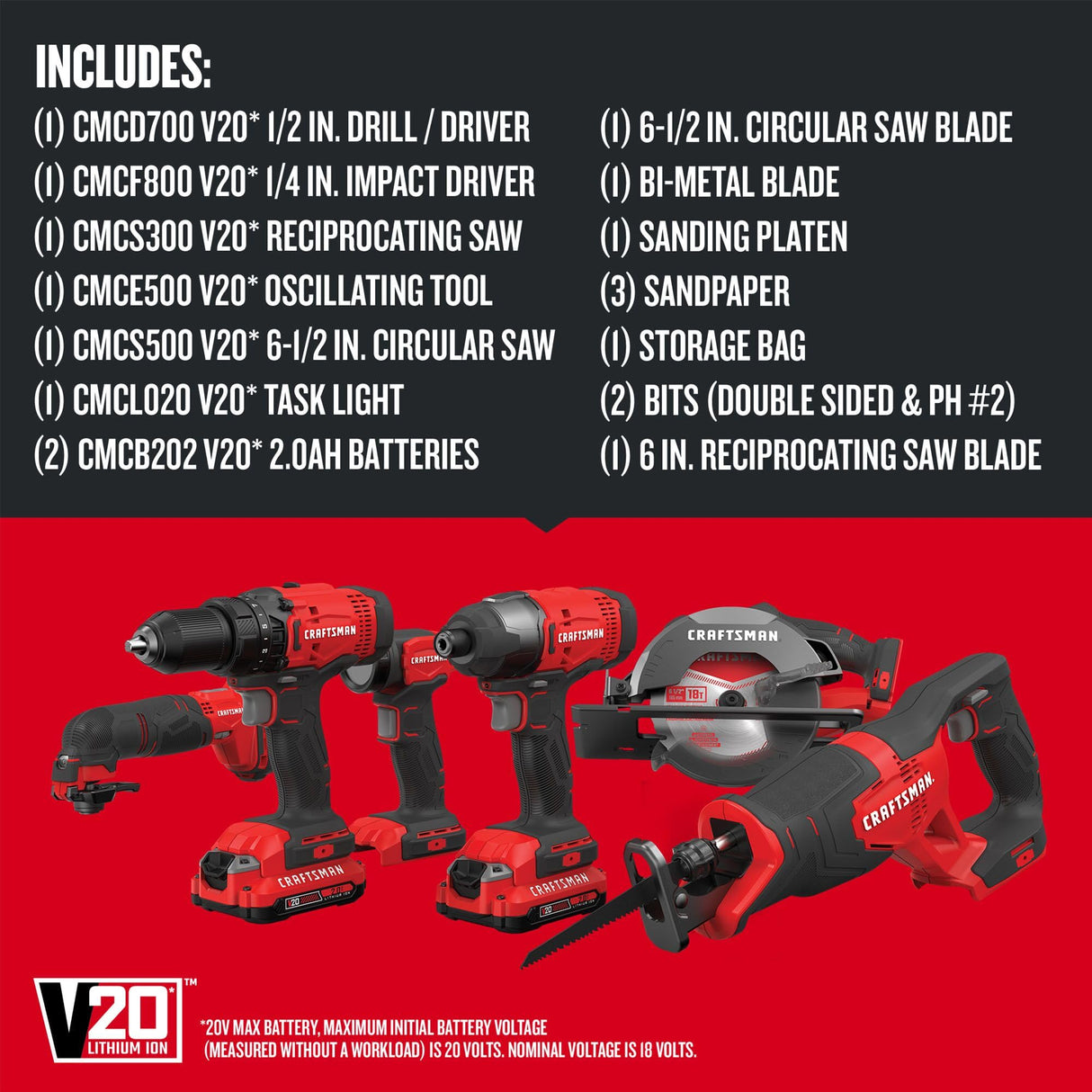 CRAFTSMAN V20 Cordless 6-Tool Power Tool Combo Kit with 2 Batteries and Charger (CMCK600D2) CRAFTSMAN