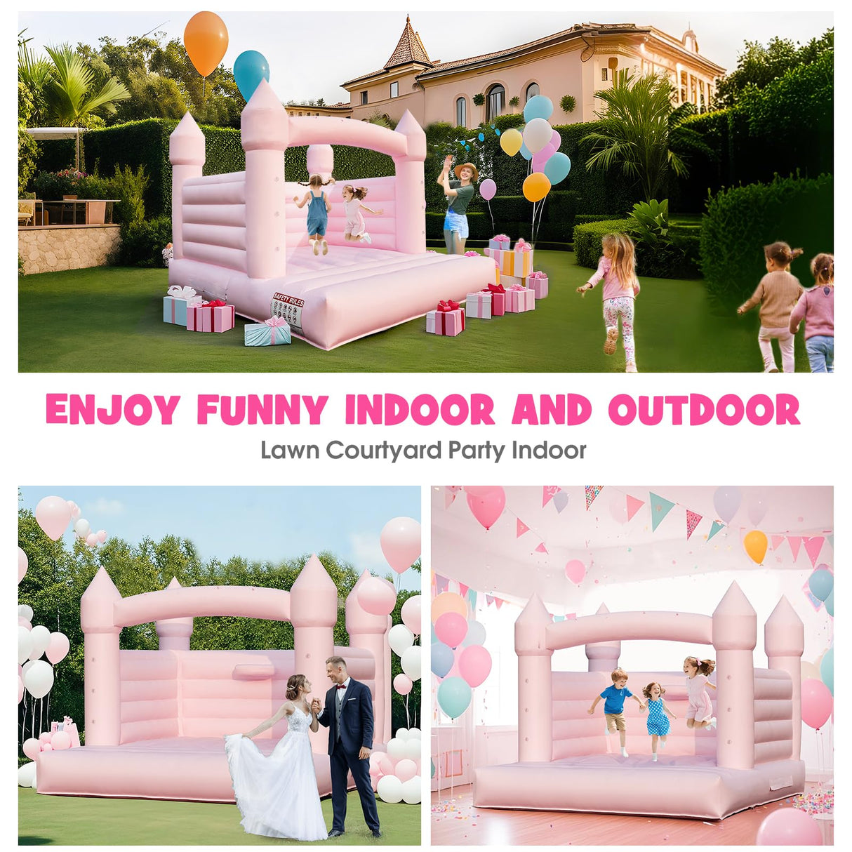 13.8FT White Bounce House Jump Castle for Kids, 100% PVC Indoor Outdoor Inflatable Bounce House, Heavy Duty 750W Air Blower Commercial Bounce House with 2 Balls, Self-Decorated for Party Gaonala