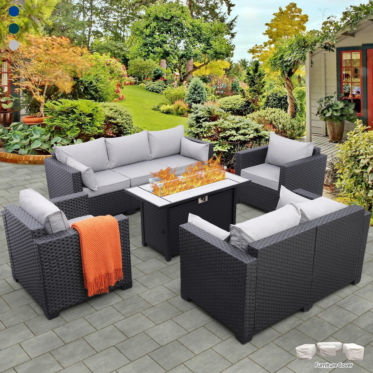 Rattaner 5 Pcs Outdoor Furniture Sets Patio Furniture Set with 45" Fire Pit Patio Couch Outdoor Chairs 60000 BTU Steel Propane Fire Pit Table No-Slip Cushions and Waterproof Covers, Light Grey Rattaner