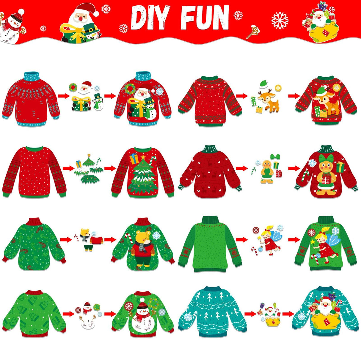 32 Sets Christmas DIY Art Craft Kits Christmas Ugly Sweaters Ornaments Art Sets Christmas Winter Stickers Arts and Crafts Bulk for Kids Snow Holiday Xmas Theme Classroom Activities Party Decorations Qyeahkj
