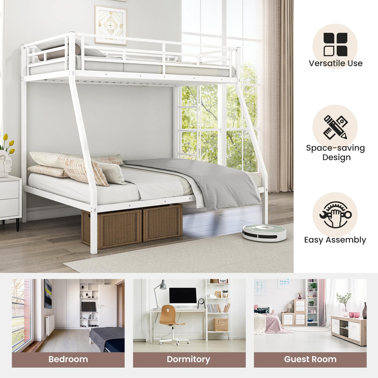 KOMFOTT Metal Twin Over Full Bunk Bed, Heavy Duty Bed Frame with Integrated Ladder, Full-Length Guardrails for Teens & Adults, Space-Saving Bunk Bed for Bedroom & Dorm, No Box Spring Required KOMFOTT