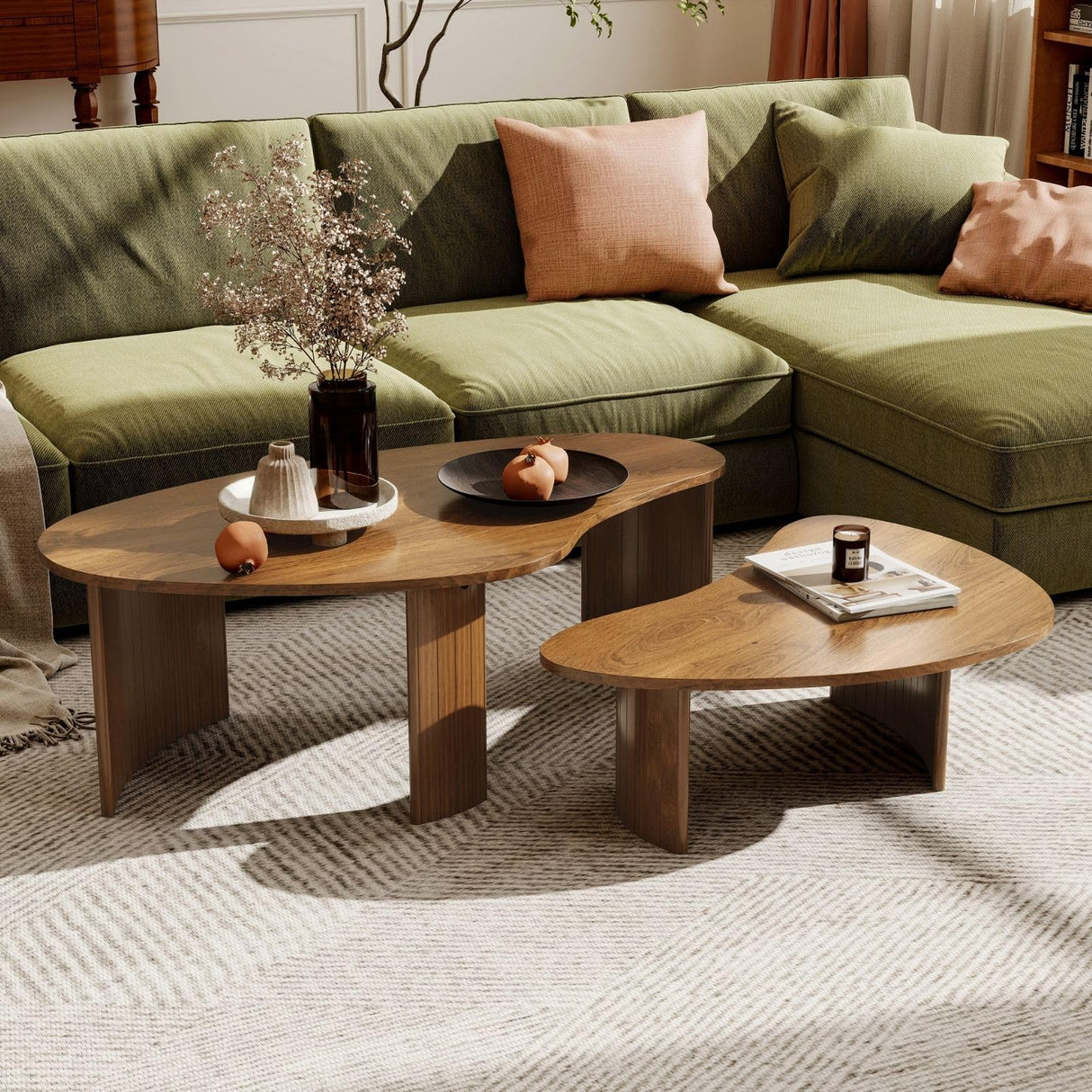Hyfirm Walnut Nesting Coffee Table Set - 2-Piece Fluted Rubberwood Legs Living Room Center Furniture - MDF with Ash Veneer Irregular Oval Side Tables Hyfirm