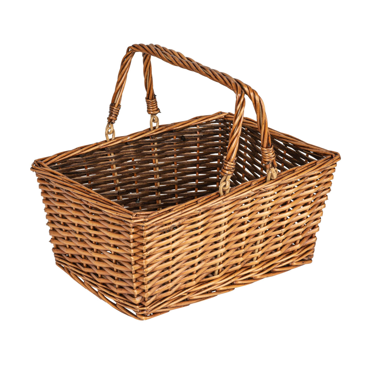 Household Essentials Woven Market Basket, Handwoven Willow Weave, Stylish Handles with Durable Metal Anchors, Classic and Versatile, Attractive, Spacious, Lightweight, Brown Stain Household Essentials