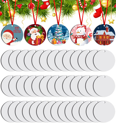 Duufin 50 Pieces Sublimation Ornament Blanks 2.75" Round Blank Sublimation Ornaments Sublimation Christmas Ornament Blanks for Christmas Tree Décor, Heat Transfer Print DIY Craft(2.75 inches)
