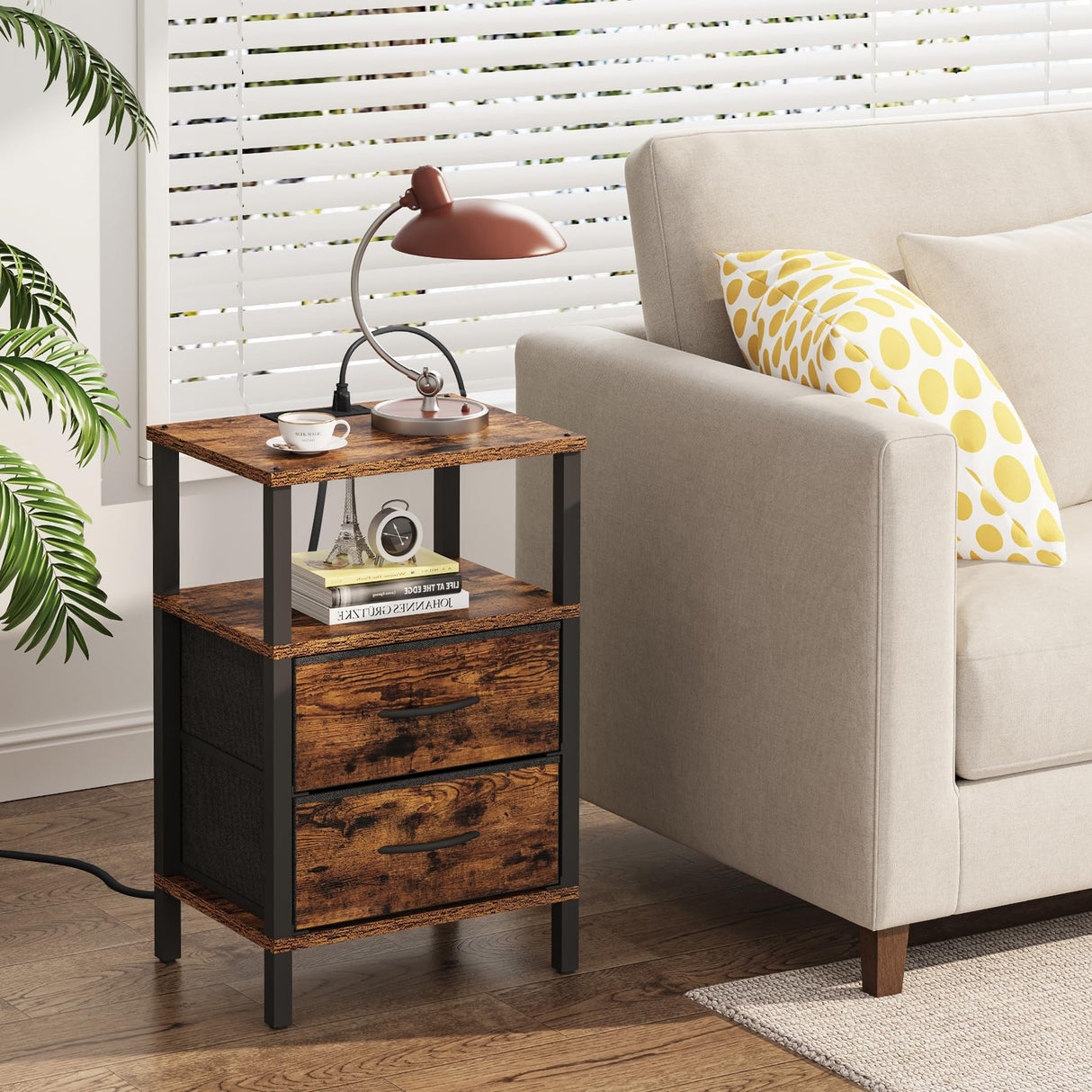 TUTOTAK End Table with Charging Station, Side Table with 2 USB Ports and Outlets, Nightstand with Cloth Drawer, Set of 2, Couch Table, Brown TB01BB067 TUTOTAK