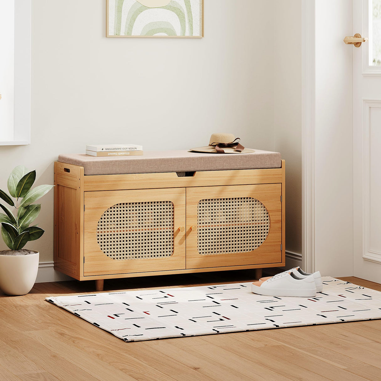 PETKABOO Rattan Shoe Storage Bench,Bamboo Entryway Bench, 2-Tier Shoe Rack,35.4" W x 12.6" D x 19.7" H with 2 Doors & Padded Seat Cushion for Entryway, Living Room, Bedroom, Natural PETKABOO