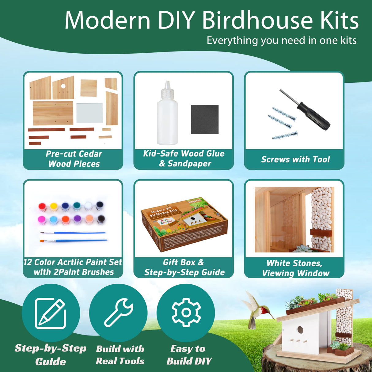 Modern Birdhouse Woodworking Kit, Build Your Own DIY Bird House Kit for Kids and Adults, DIY Woodcraft Building Projects with Paint Set Rioychan