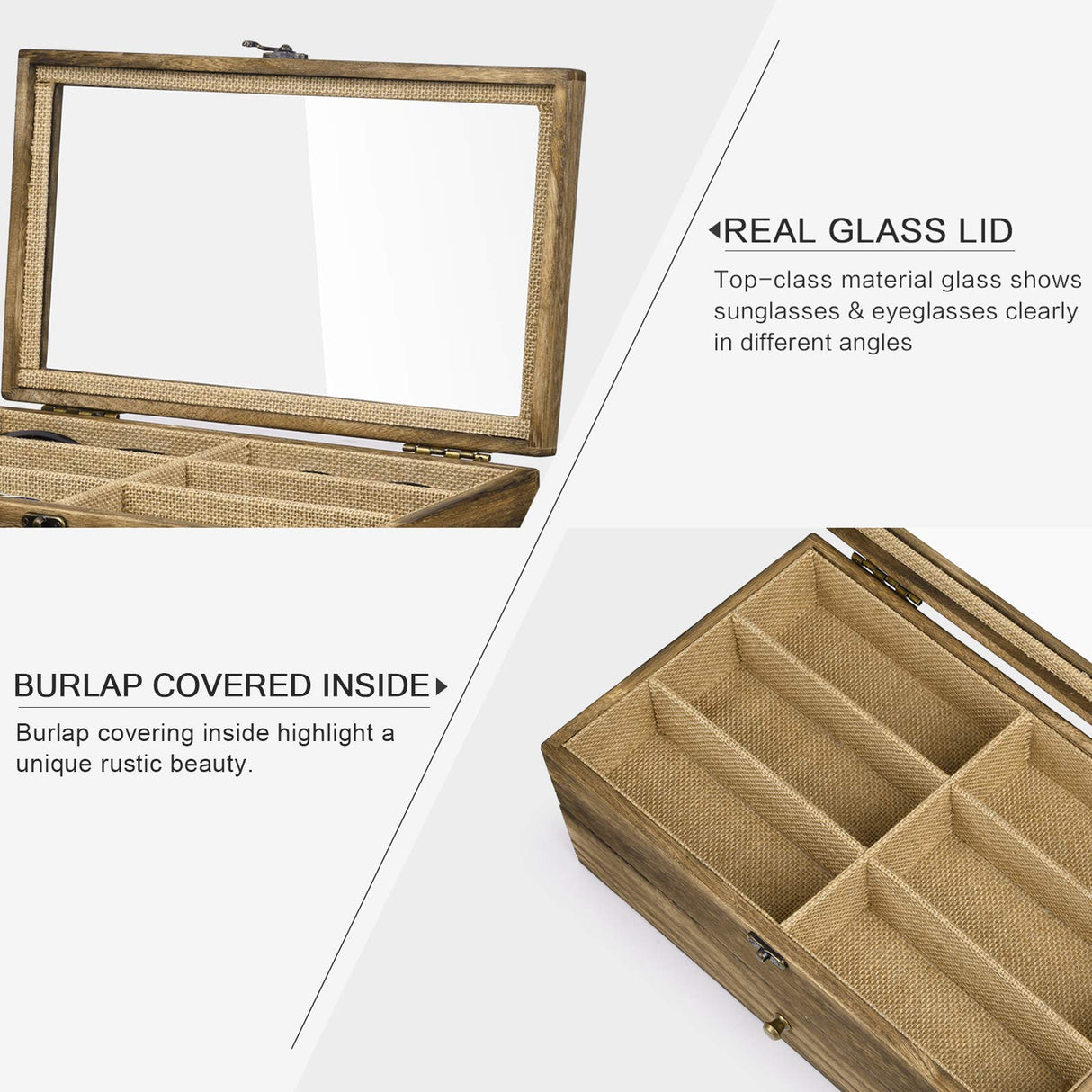 SRIWATANA Sunglasses Case Organizer for Women Men, 12 Slot Wood Eyeglass Eyewear Display Box with Glass Top, Gifts for Loved One, Carbonized Black SRIWATANA