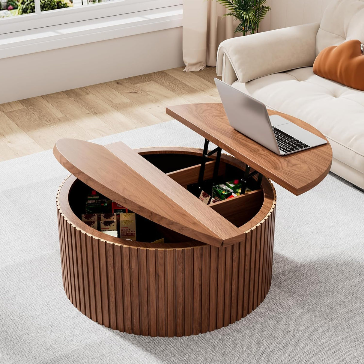 Fsbecl Fluted Lift Top Coffee Table with Hidden Storage, 31.6 Inch Round Coffee Tables for Living Room, Circle Wood Center Tables for Home (Walnut) Fsbecl