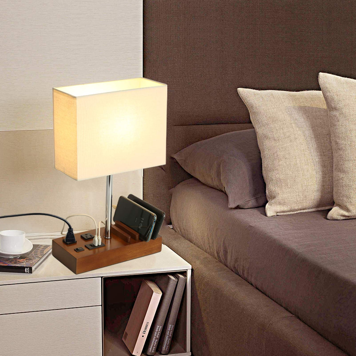 Briever USB Table Lamp, Multi-Functional Bedside Desk Lamp with 2 AC Outlets, 3 USB Charging Ports and Wooden Phone Stands, Modern Nightstand Lamp for Bedroom, Guest Room, Office Briever