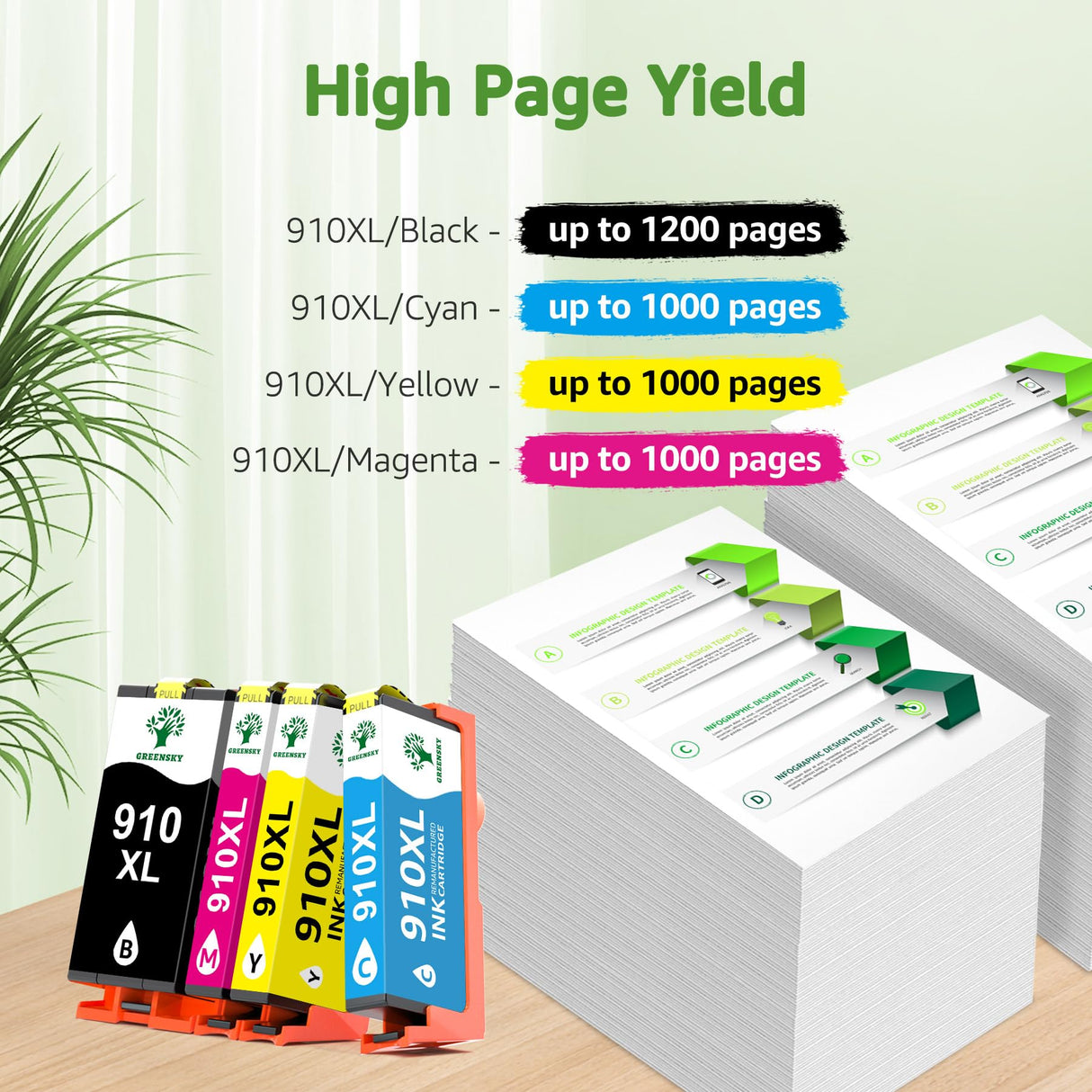 GREENSKY 910XL Ink Cartridges Replacement for HP 910xl Ink Cartridges Combo Pack with HP OfficeJet Pro 8025e 8015e 8022e 8028e 8035e 8025 8035 8020 8022 Printer (Black, Cyan, Magenta, Yellow) GREENSKY