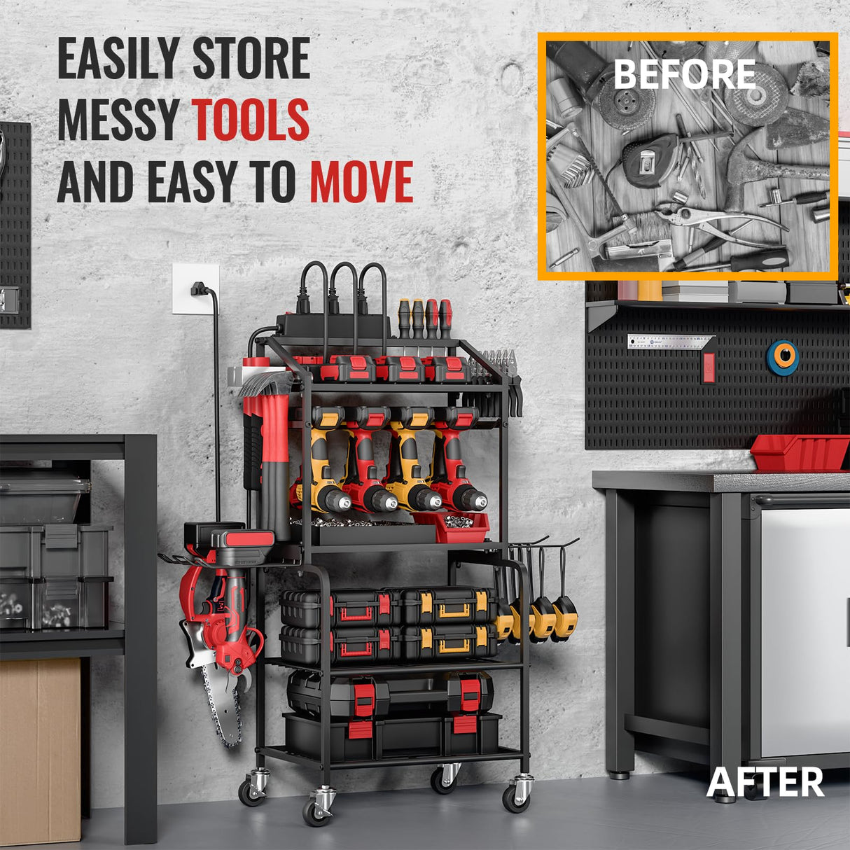 Power Tool Organizer Cart with Charging Station, Garage Floor Standing Rolling Drill and Tools Battery Storage Cart on Wheels, Rolling Tool Cart with 6 Outlet Power Strip FULOOPHI