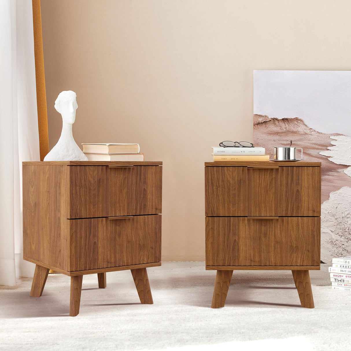 Nightstands Set of 2 with Drawers, Modern Large Striped Bed Side Table with 2 Drawers, Mid Century Modern Night Stand with 2 Drawers, Bedside Table End Table with 2 Drawers & Solid Wood Legs (Walnut) affeivul
