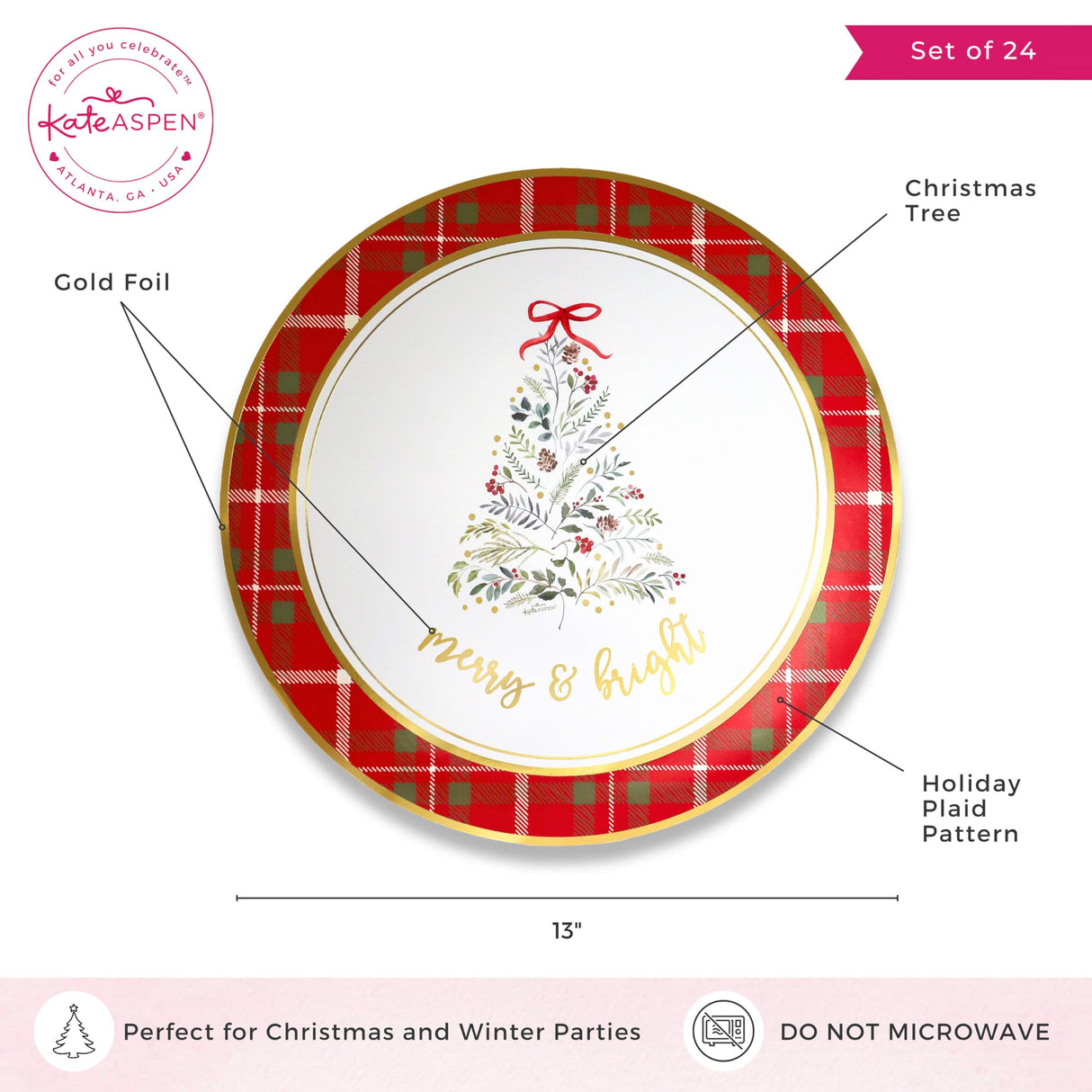 Kate Aspen 13" Disposable Holiday Placemats/Chargers, 24-Pack – Spillproof & Durable Merry & Bright Christmas Tree Design & Festive Red & Green Plaid Border Kate Aspen
