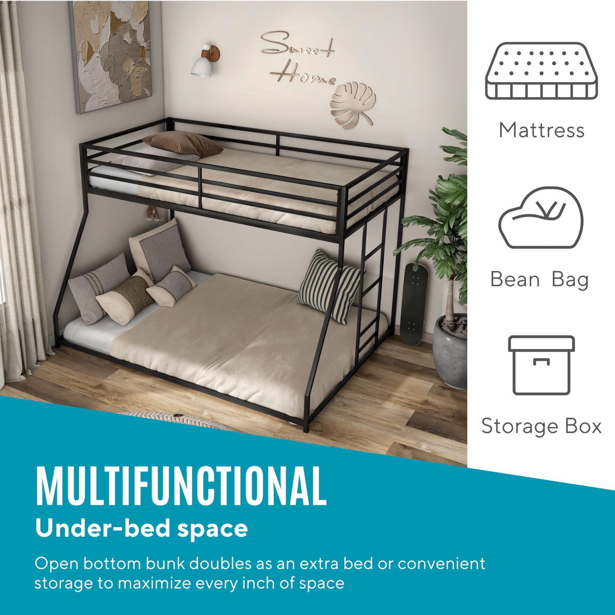 Furniture of America Dravenor Modern Metal Twin Over Full Low Profile Bunk Bed with Reversible Ladder and Twnty-Two Slats, No Box Spring Required, for Kids, Bedroom, Dorm, Black Furniture of America