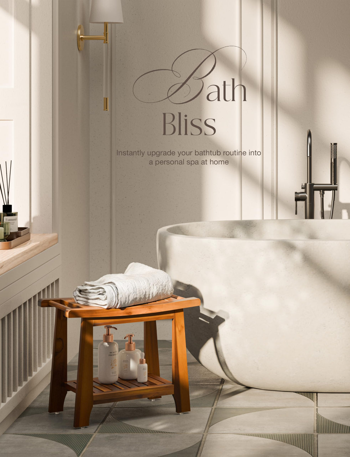 Tinamo 22”L Teak Shower Bench for Inside Shower - Teak Shower Stool & Wooden Bathroom Bench - Shower Chair for Inside Shower with Handles - Teak Shower Benches, Wood Bench for Bath with Storage Shelf Tinamo