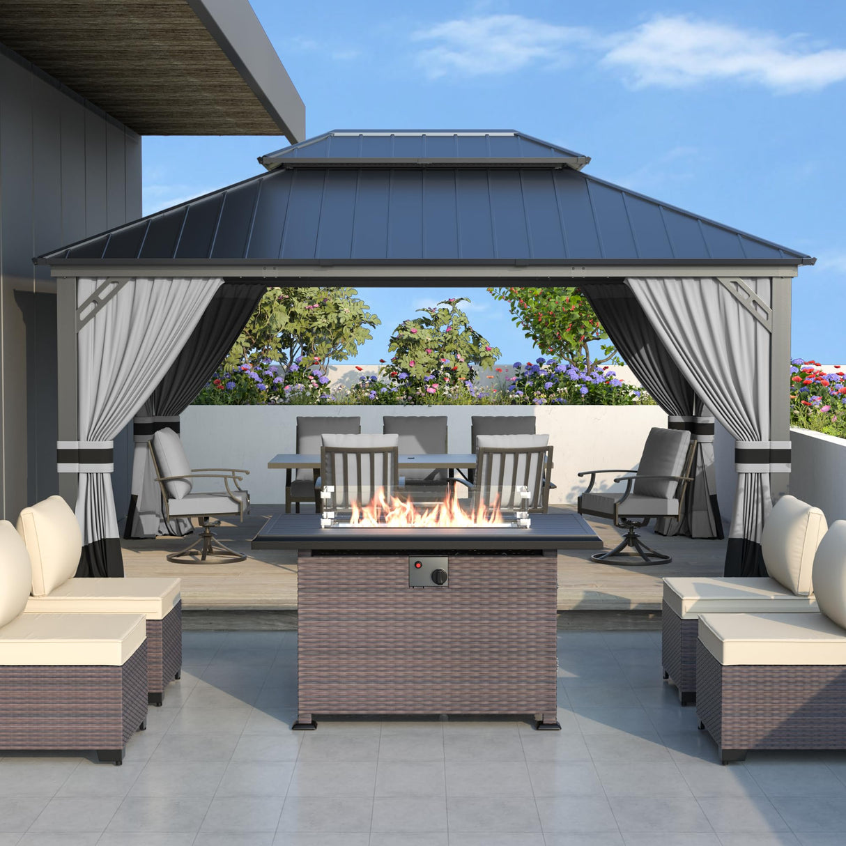 12' x 16' Hardtop Gazebo,Outdoor Galvanized Steel Metal Double Roof Gazebo with Curtains and Netting for Patios, Gardens, Lawns,Grey Kullavik