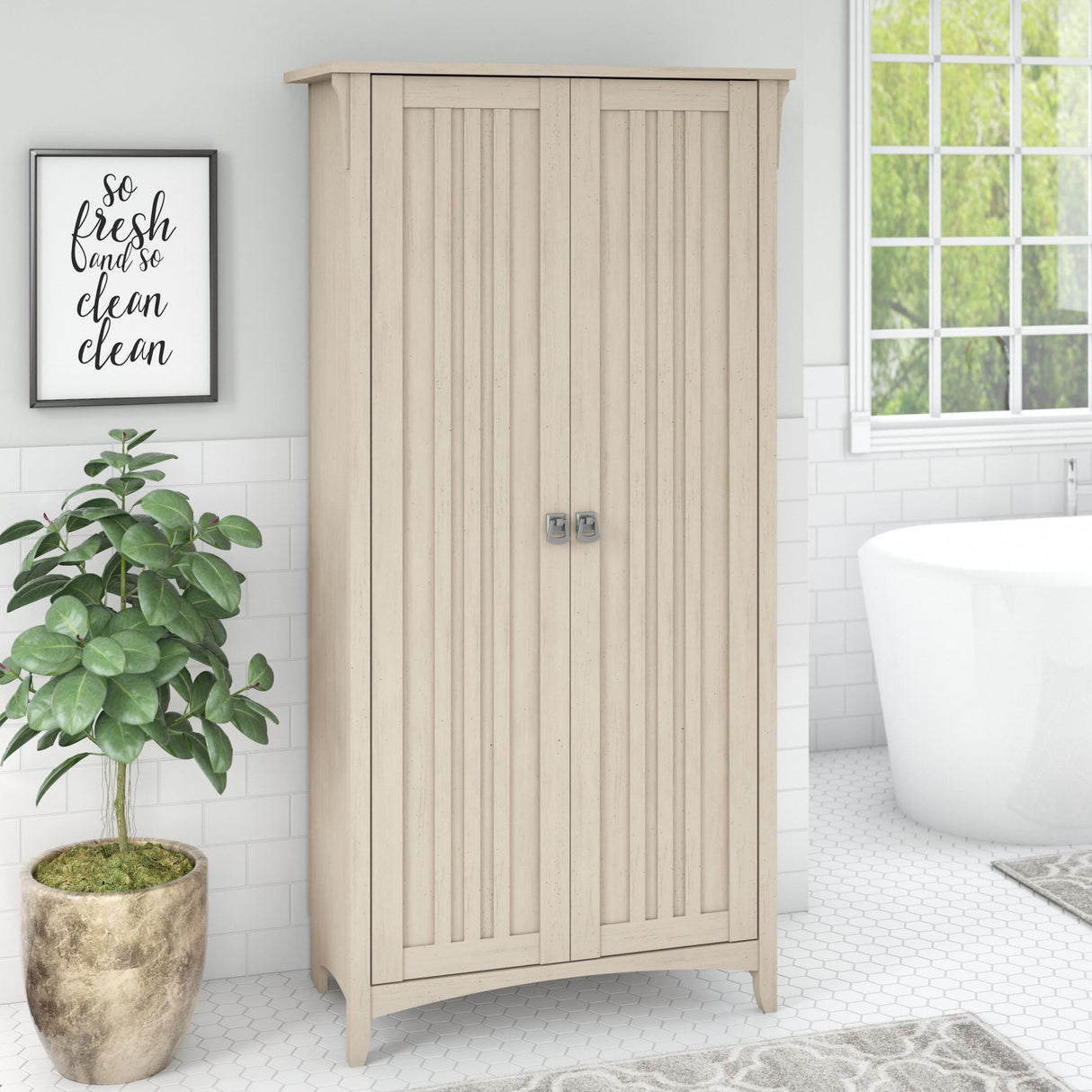 Bush Furniture Salinas Antique White Bathroom Storage Cabinet with Doors Bush Business Furniture