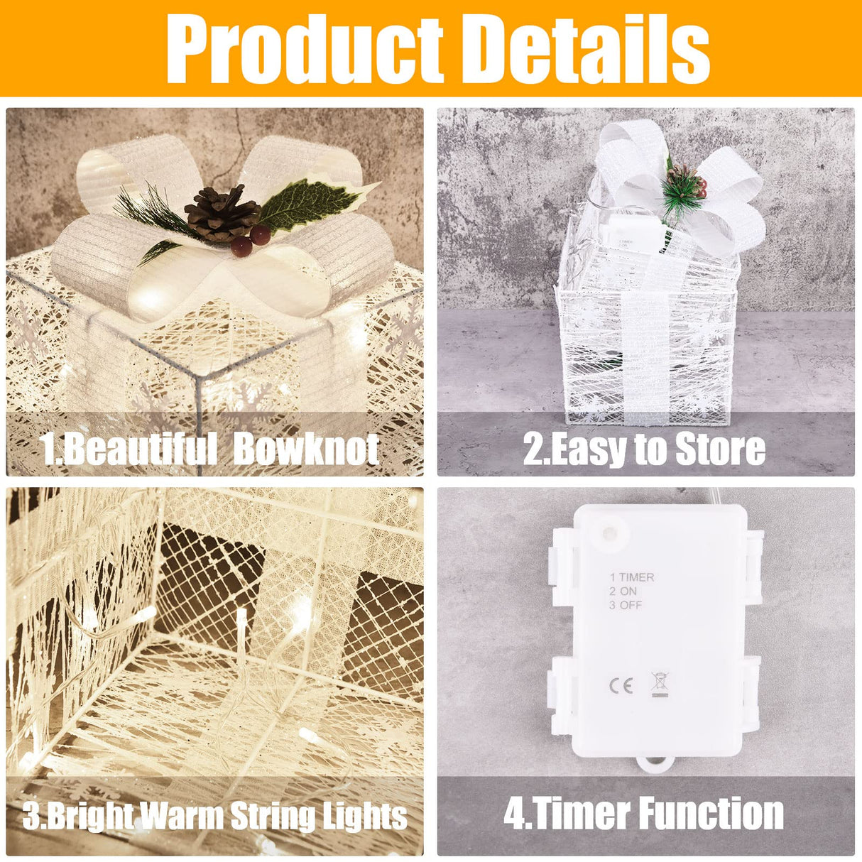 Bstge Christmas Lighted Gift Boxes, Set of 3 Christmas Decorations for Home, Light up Christmas Ornaments, Warm White LED with Bows for Indoor Party Holiday, Christmas Decor(Snow) Bstge