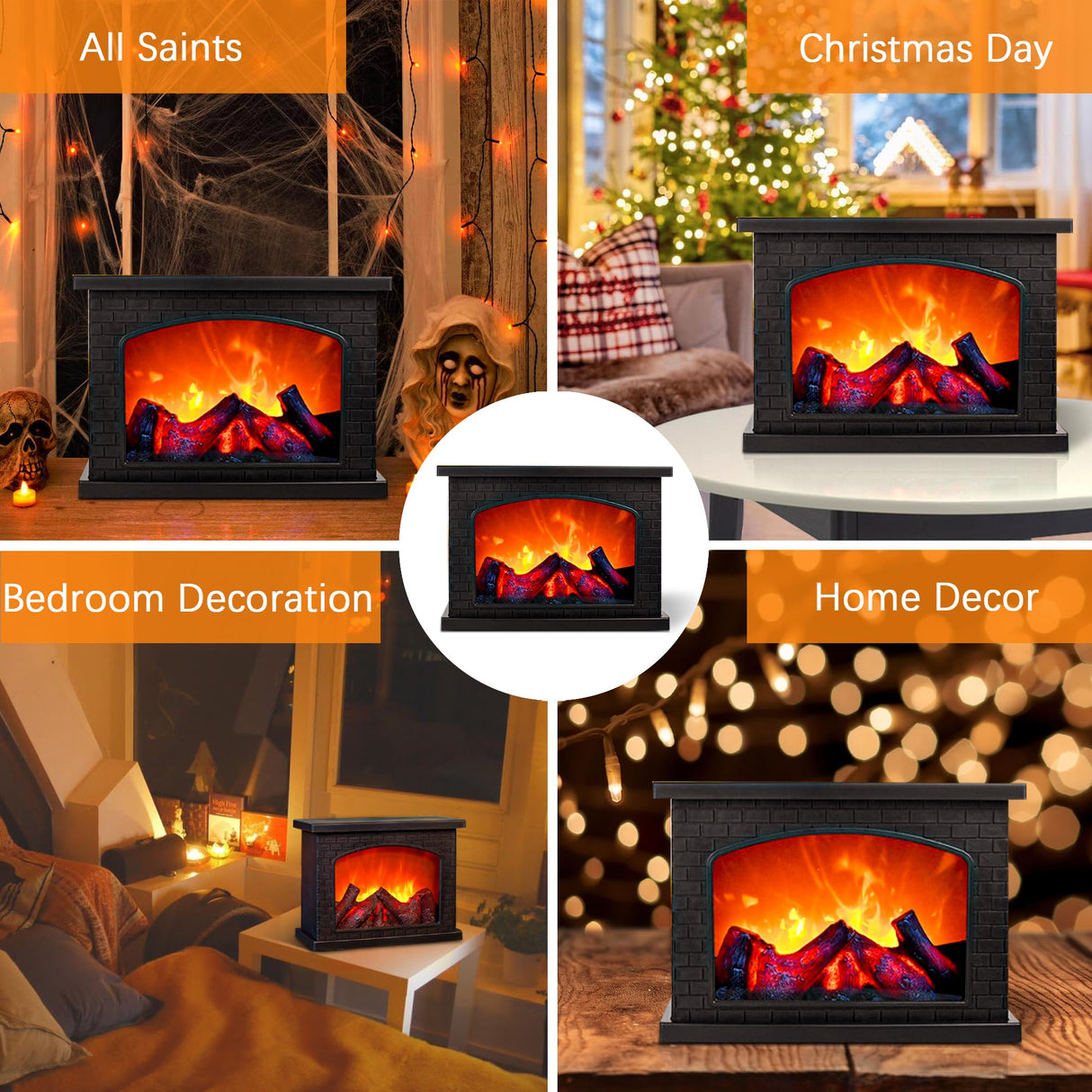 Fireplace Lanterns Decorative,Small Fake Fire Place,Flame Effect LED Fire Lamp,Battery Operated USB Charge Portable Fireplace,Indoor Outdoor Christmas Decoration (No Heater Function Black) WLHONG