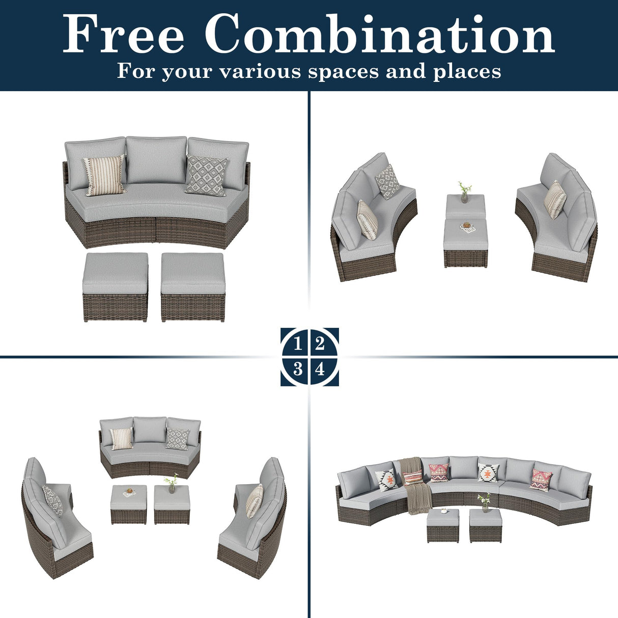 ZIENLIFE 11 Piece Outdoor Patio Furniture Set, Half Moon Patio Sectional Set with Soft Cushions and Ottoman, All Weather Rattan Wicker Curved Outdoor Sofa for Backyard Patio Garden ZIENLIFE