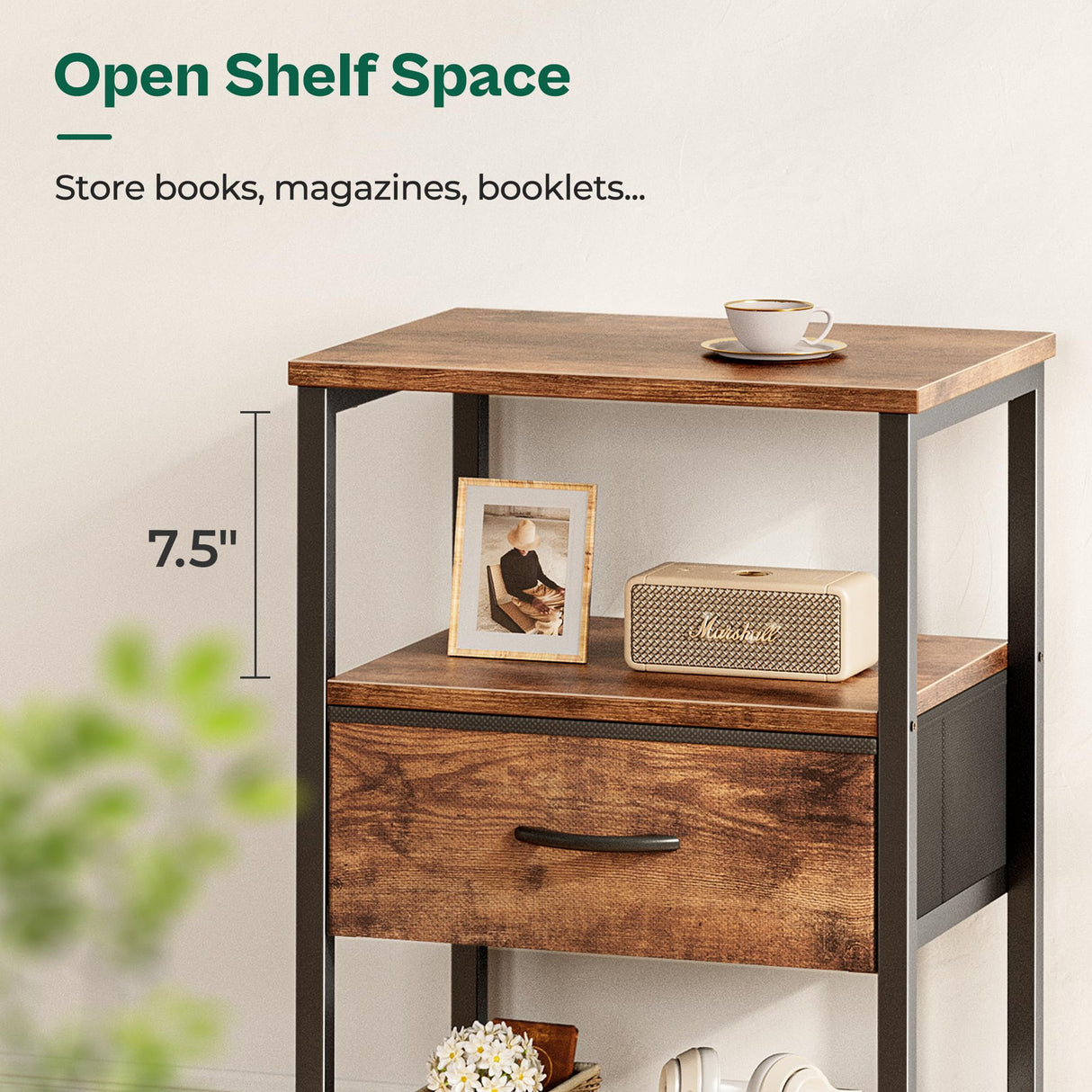 Huuger Night Stand with Fabric Drawer, Side Table with Mesh Shelf, Bedroom Nightstand, Fabric Drawer Dresser, Open Shelf, Metal Frame, Couch Side, Rustic Brown Huuger