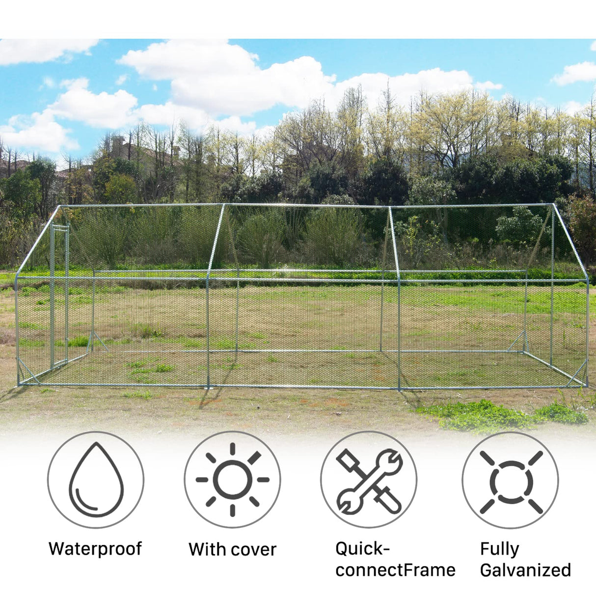 Large Metal Chicken Coop Walk-in Poultry Cage Hen Run House Habitat Spire Shaped Cage with Waterproof and Anti-Ultraviolet Cover for Outdoor Backyard Farm Use (19.68’ L×9.84’ W) Polar Aurora