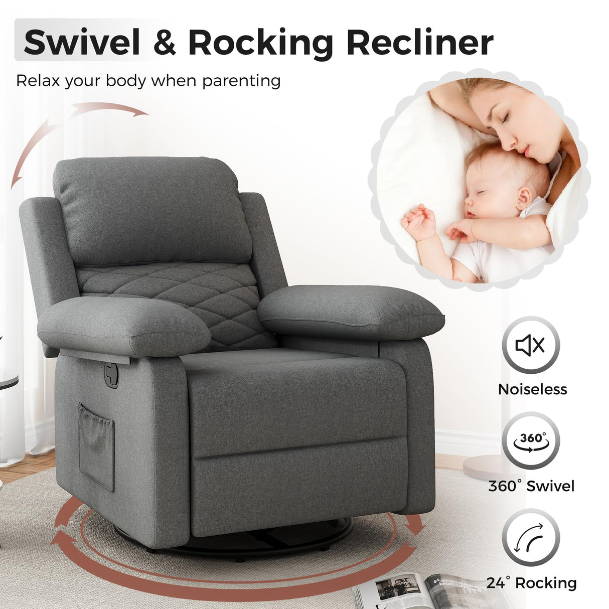 Glider Recliner for Adult Indoor Upholstered Lounge Nursery Chair Swivel Single Sofa with Side Pockets for Living Room Bedroom(Grey) Amopatio