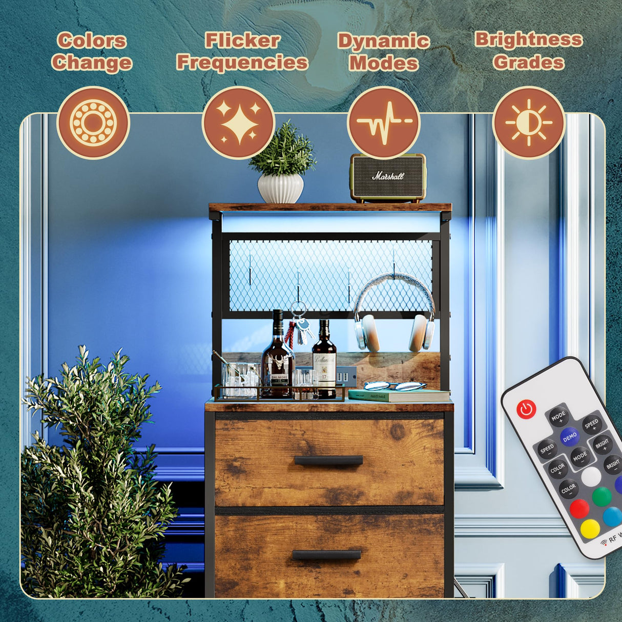 EKNKOZY Nightstand 5 Drawer Dresser with LED Lights, Charging Station, Metal Mesh Shelf with Hooks, Vertical Side Table with Fabric Drawers, End Table, Tall Dresser for Bedroom, Entryway, Rustic Brown EKNKOZY