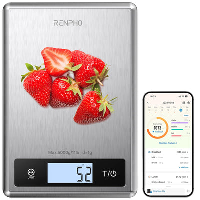 RENPHO Digital Food Scale with Nutritional Calculator, Smart Food Kitchen Scale, Food Weight Scale Grams and Ounces for Weight Loss, Calorie, Macro and Cooking, Stainless Steel