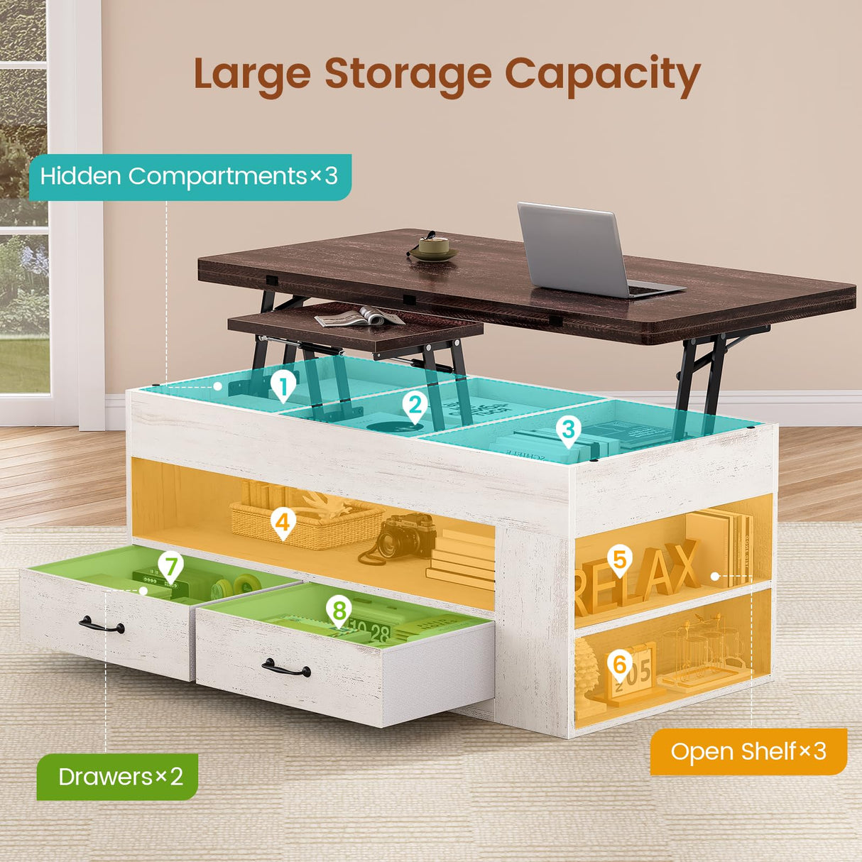 Itaar Lift Top Coffee Table, 4 in 1 Coffee Tables with Storage and Hidden Compartment, Farmhouse Coffee Table with 2 Fabric Drawers & LED Light for Living Room, White Itaar