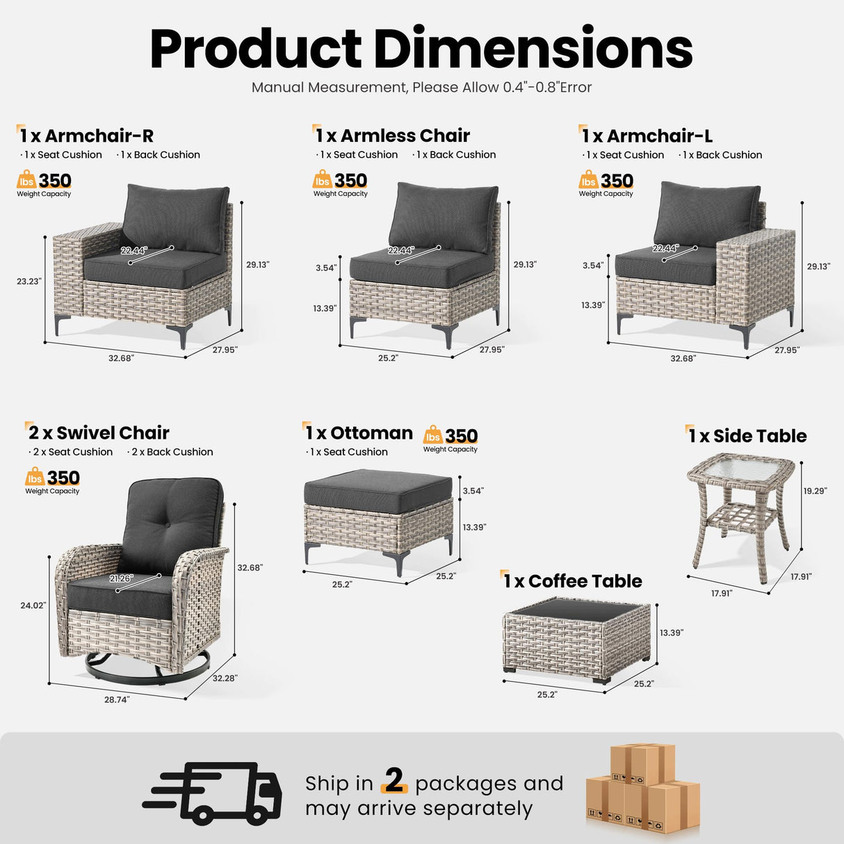 ovios 8 Pieces Patio Furniture Set Outdoor Sectional Sofa Couch with Rocking Swivel Chairs Deep Seat Chaise Comfy Cushions, Modern Modular Wicker Rattan Conversation Set, Black ovios