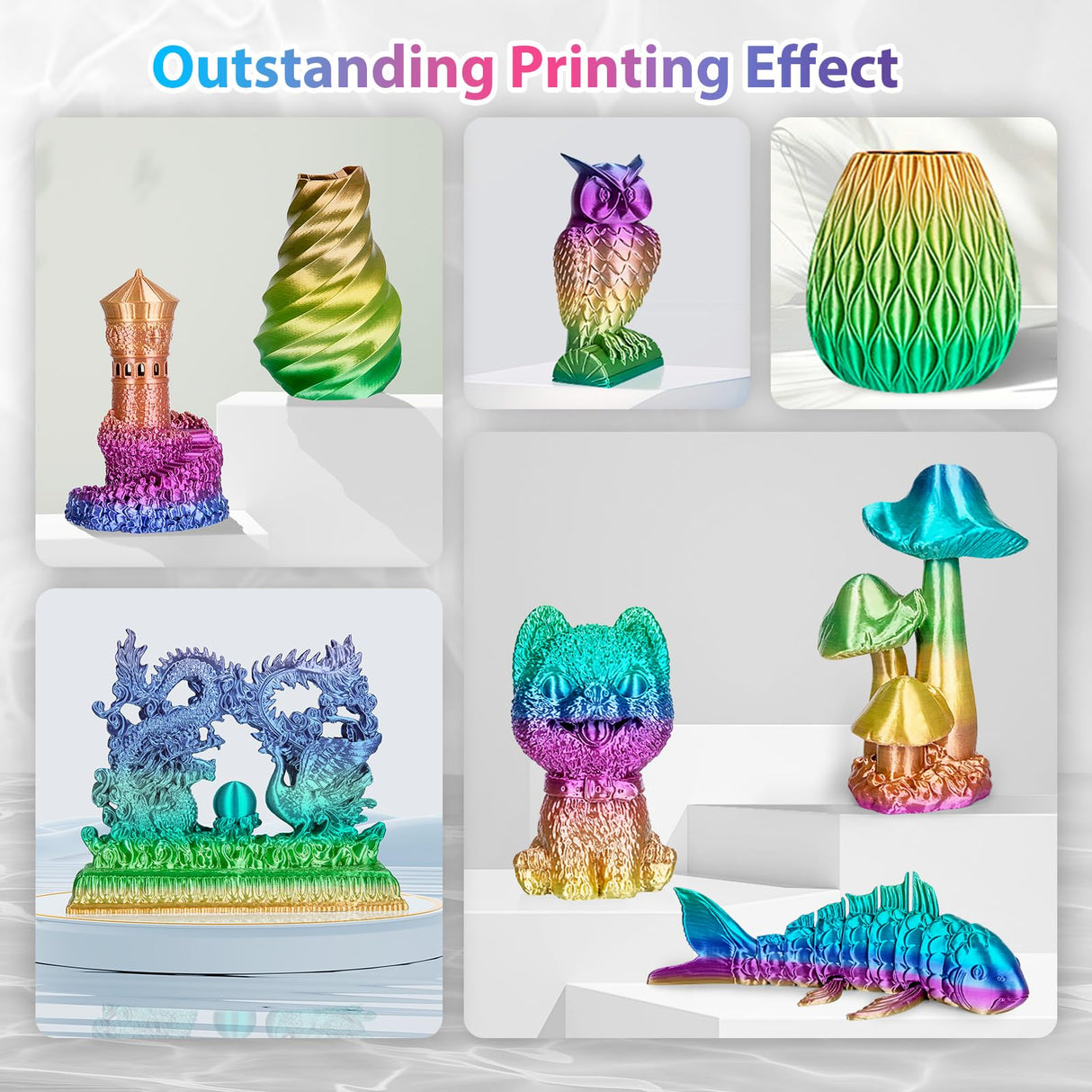 3Dgenius Silk Rainbow PLA Filament 1.75mm Silk PLA 3D Printer Filament Shiny Fast Color Changing Gradient Filament 3D Printing Filament Fit Most FDM Printers, 500g Spool(1.1lbs), Candy Series 3Dgenius