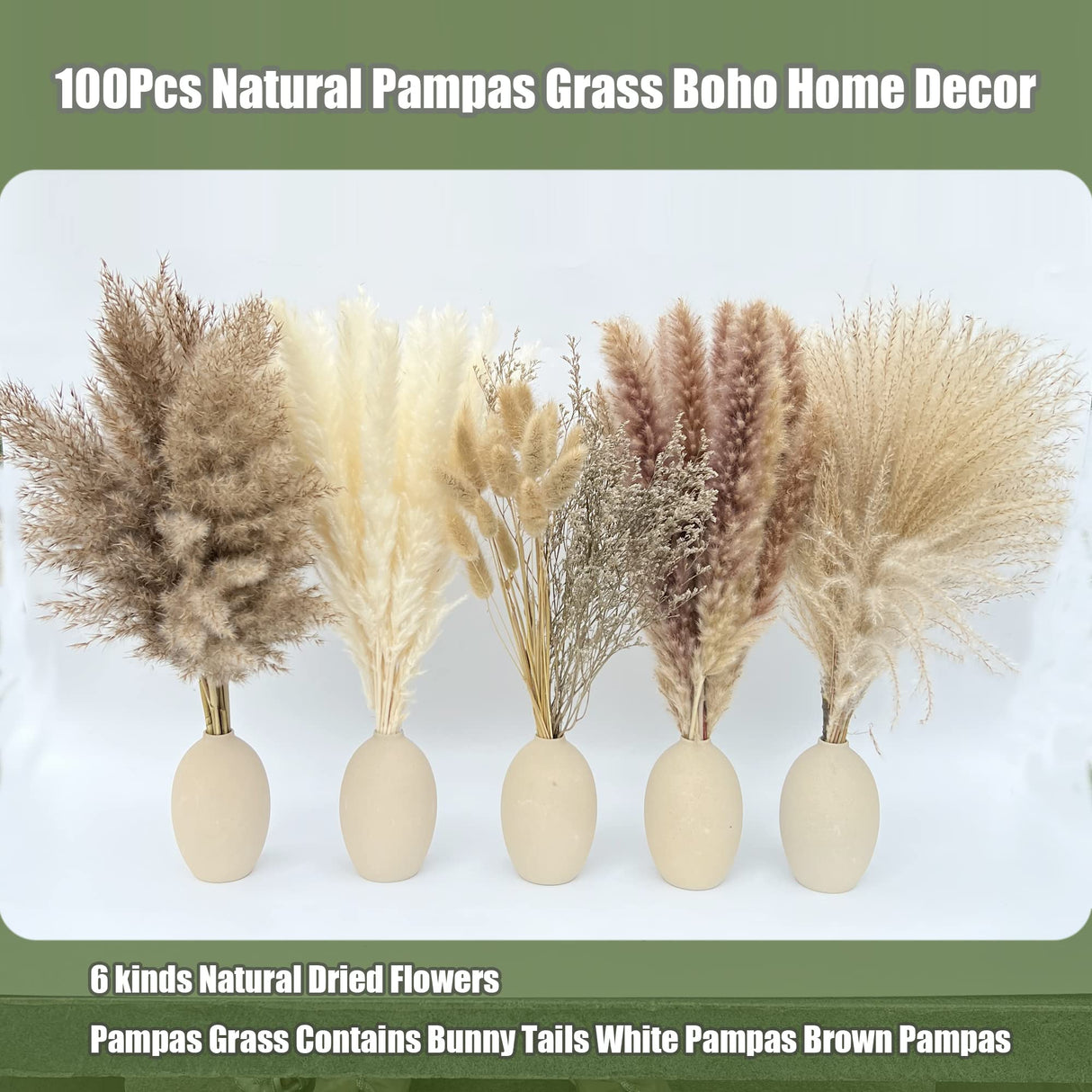 100Pcs Pampas Grass Boho Home Decor 17 inch Natural Dried Flowers-Pampas Grass Contains Bunny Tails White Pampas Brown Pampas.Boho Decor for Farmhouse Wedding Boho Wall Bathroom Office Kitchen… CZCTLUL