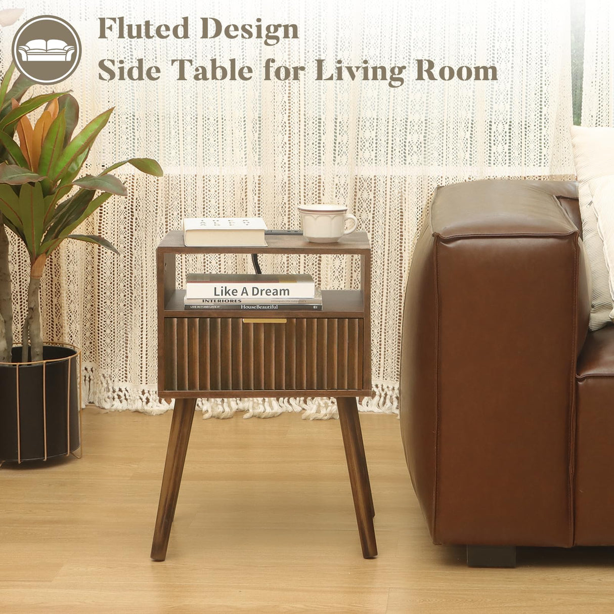 Fultyle Mid Cetury Modern Nightstand with Charging Station, Fluted Bedside Table with Storage, Modern Side End Table with Solid Wood Legs Living Room for Bedroom and Small Space (Rustic Brown) Fultyle