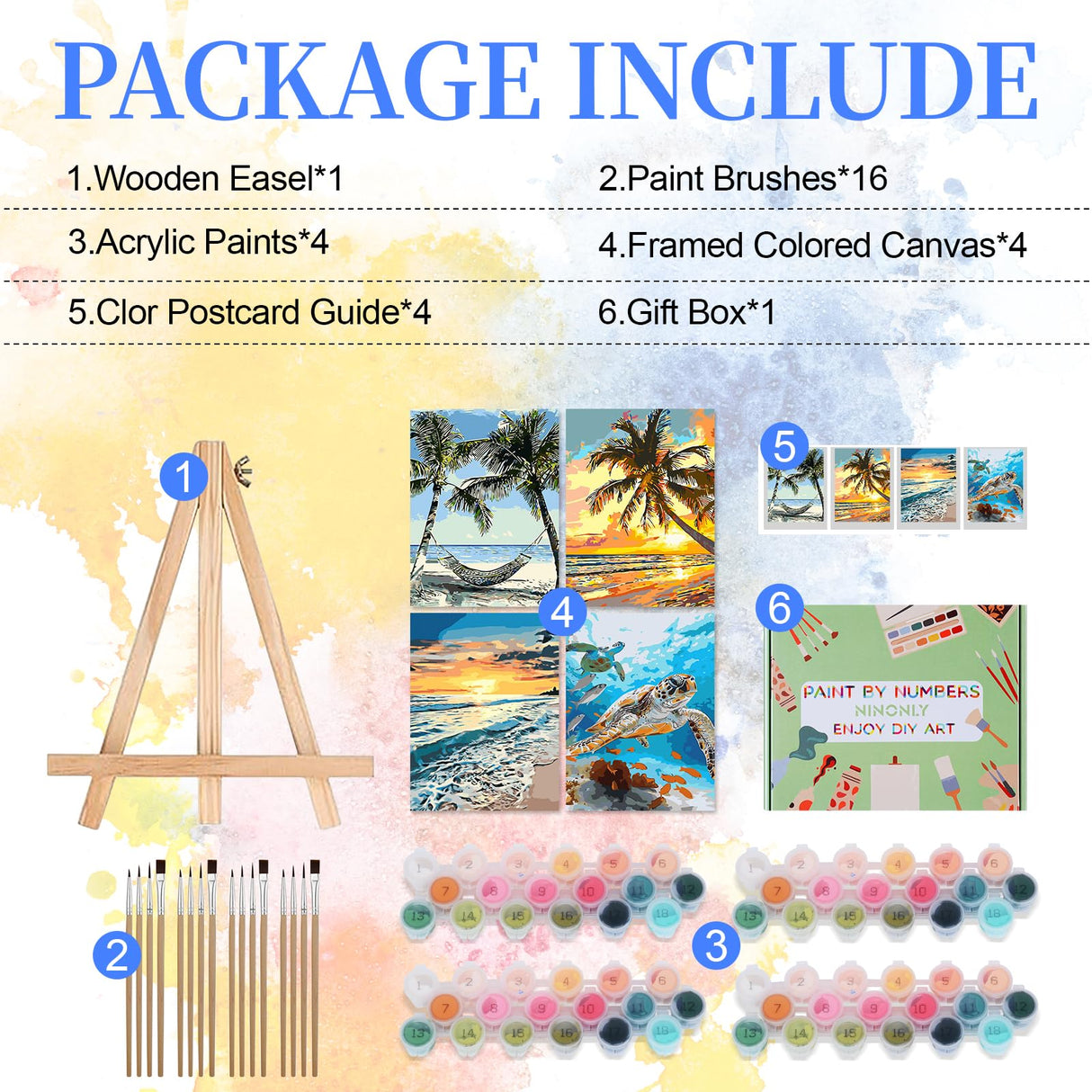 Ninonly Paint by Numbers Kit for Adults Framed Canvas 12x16 Inch, 4 Pack Beach Sea Turtle Paint by Number Arts Crafts for Adults Beginner with Wooden Easel, Painting Brushes, Acrylic Painting Ninonly