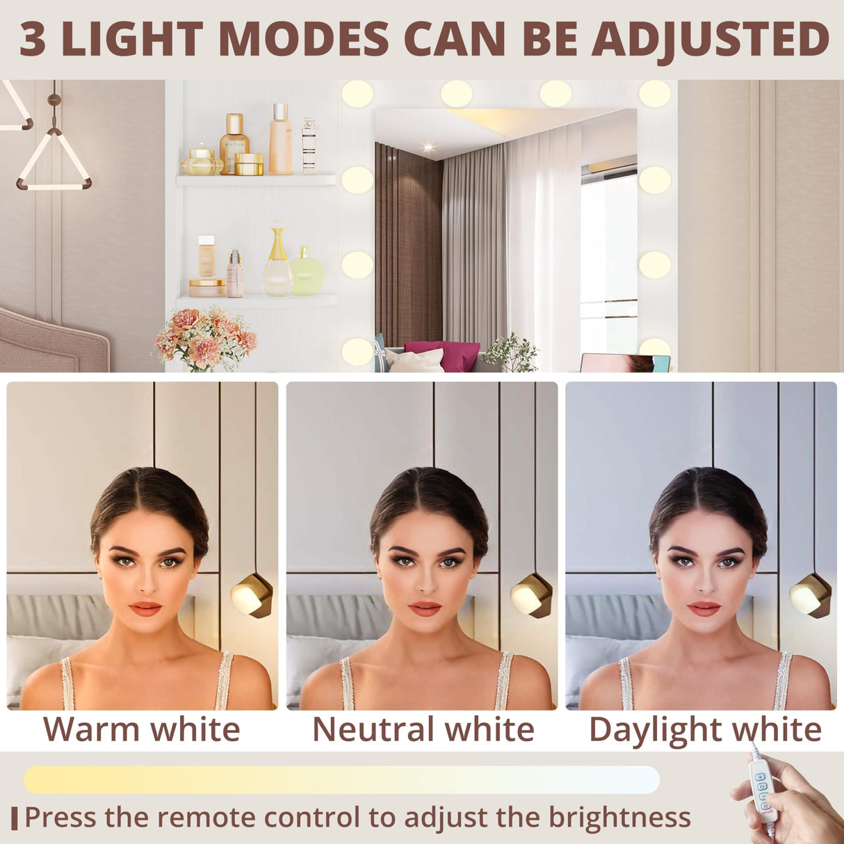 IRONCK Vanity Desk with Mirror and Lights, Small Makeup Vanity Table with 5 Drawers, Power Outlet, and Vanity Stool, 3 Lighting Colors, Dressing Table for Women Girls Bedroom, White IRONCK