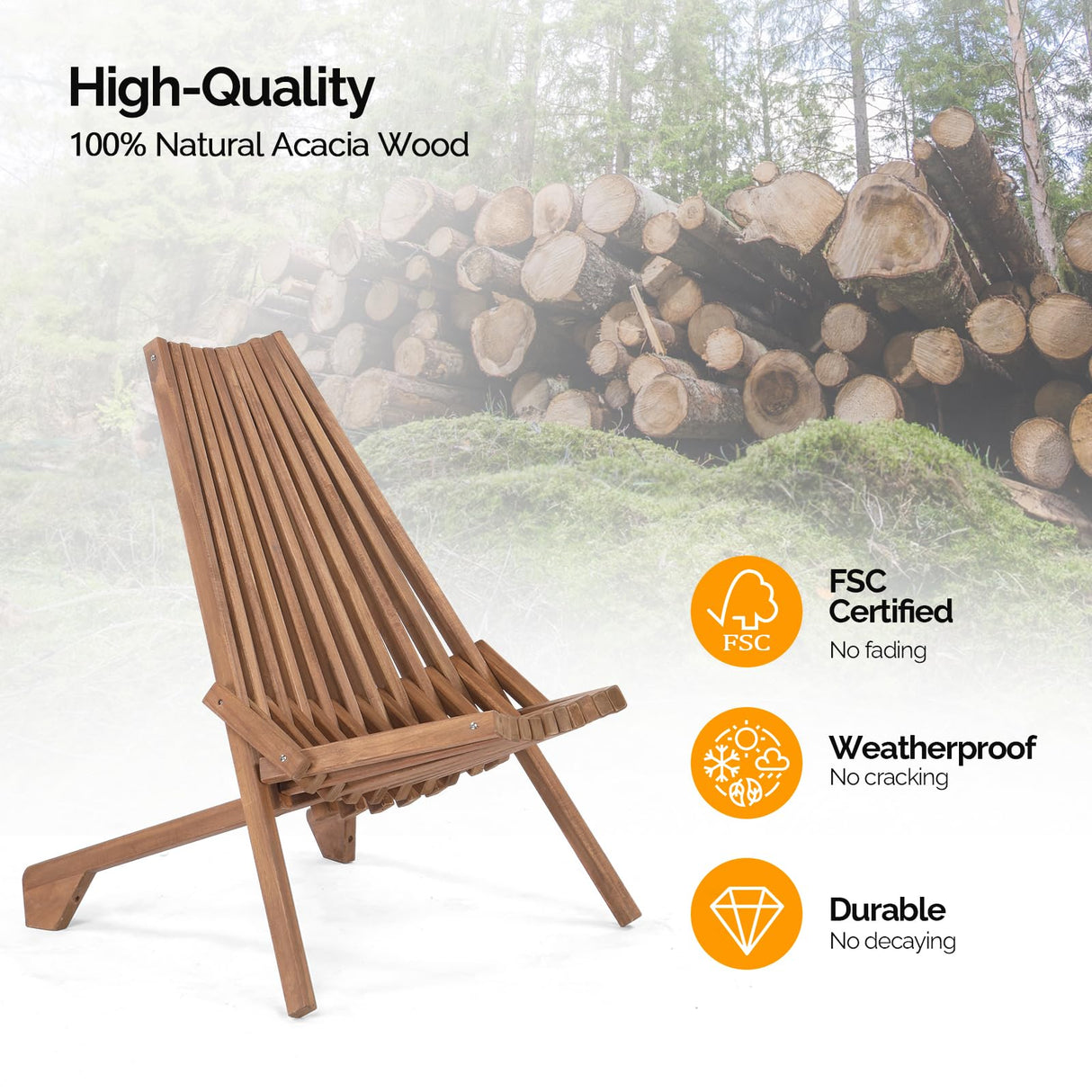 VINGLI FSC Acacia Wood Folding Outdoor Chairs Set of 2,Weather-Resistant Wooden Folding Chairs Patio Chair Furniture Comfy Adirondack Chairs Lounge Chair for Deck Fire Pit Porch Camping,Up to 350LBS VINGLI